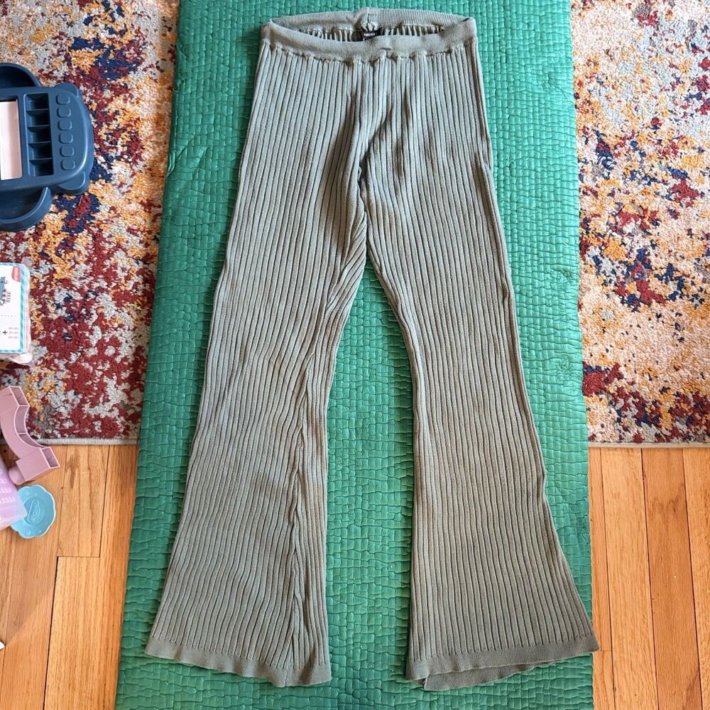 Vintage FOREVER 21 Ribbed Knit Rayon Flared Leggings M Teal Blue Pull On Y2K EUC - Picture 1 of 15